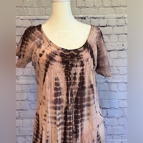 Boho hippie tie dye flowy feminine dress oversized crocheted bottom free size - Picture 2 of 16